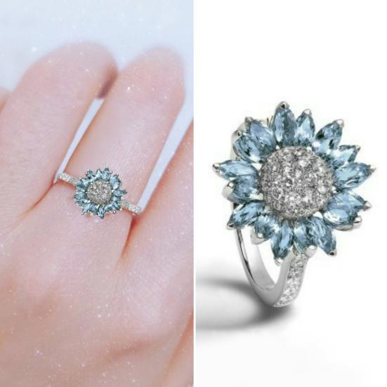 Женское свадебное кольцо с блестящим кубическим цирконием, инкрустированное сверкающим геометрическим украшением, белый аквамарин в форме подсолнуха