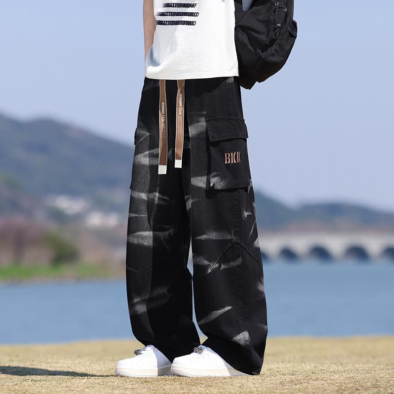 Spring Autumn Men Jeans Streetwear Straight Denim Pants Hip Hop Drawstring Trousers Male Big Pockets Clothing