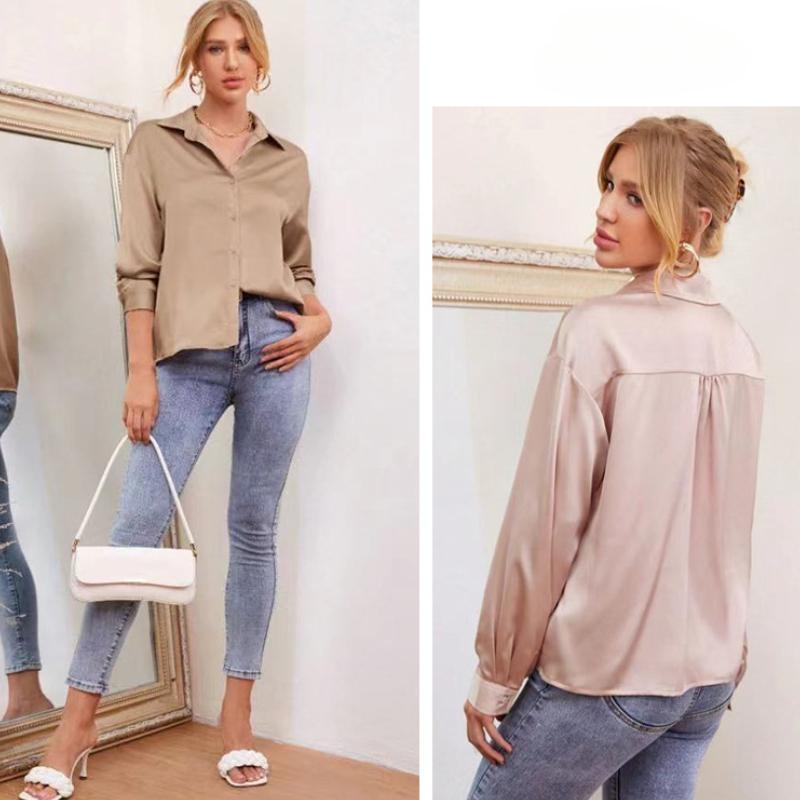 Модные повседневные свободные рубашки с длинным рукавом для женщин, весна и лето, новые офисные женские блузки, топы с пуговицами на лацканах, однотонные простые тонкие женские рубашки 26257