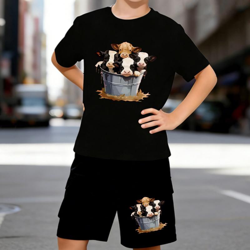 Boys 2 Piece Cartoon Cow Printed Outfit, Short Sleeve T-Shirt and Shorts Set for Kids Age 5-14,white,Black Sporty Casual Summer Clothes