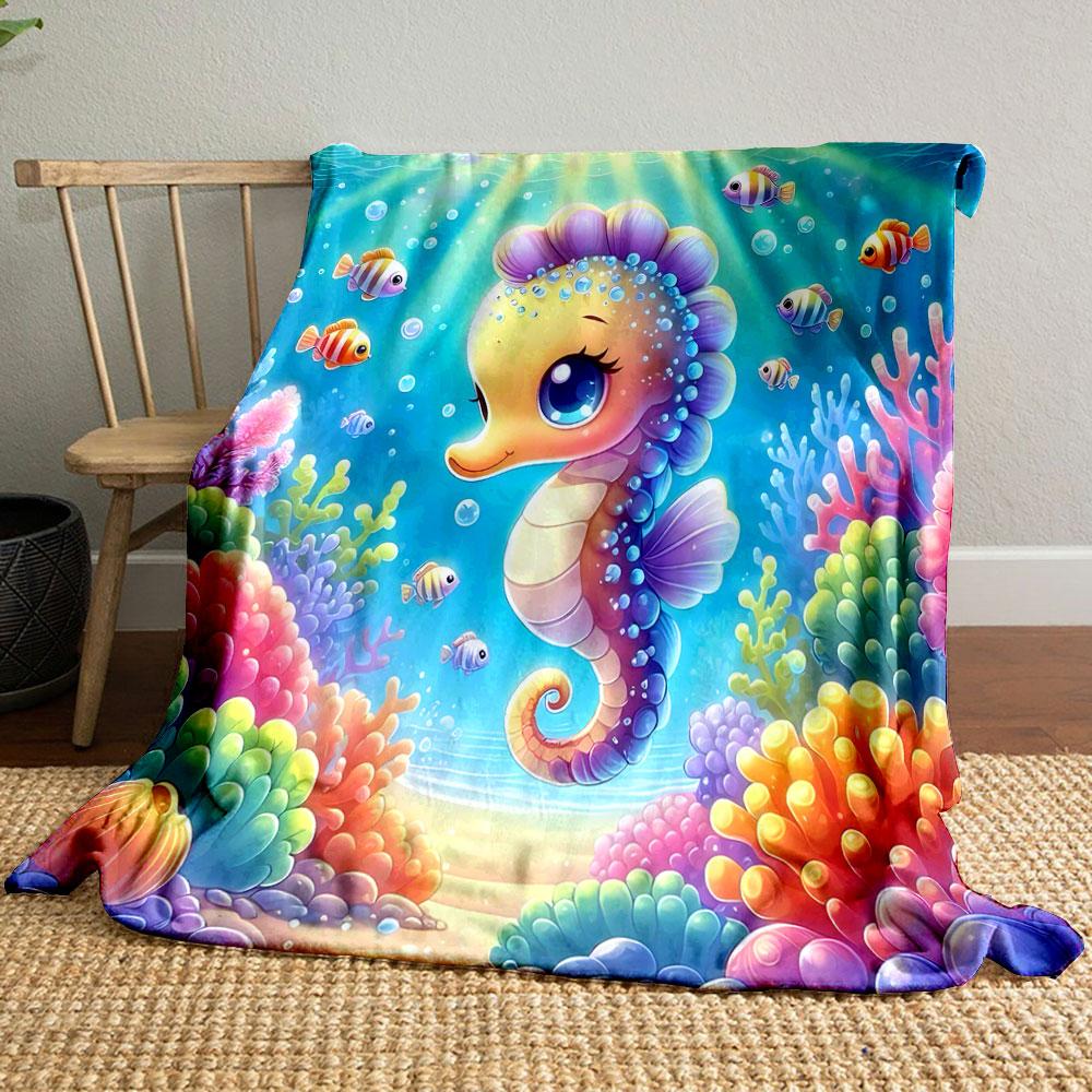 Cute Seahorse and Colorful Coral Reef Scene print blanket soft and cozy perfect for the living room bed sofa or a nap,gift