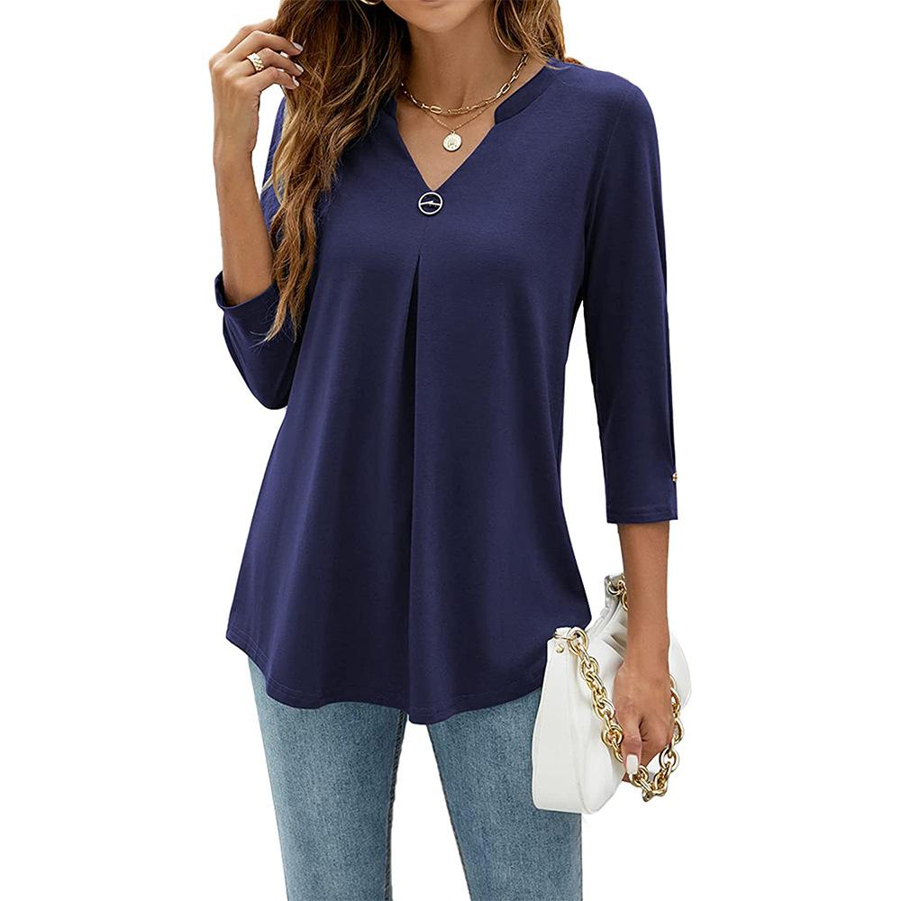 Women's V-Neck Tunic Blouse 3/4 Sleeve Shirts Loose Fit Top with Ring Detail, Casual Dressy Shirt for Work or Daily Wear Blouses Casual Tops S-XXL