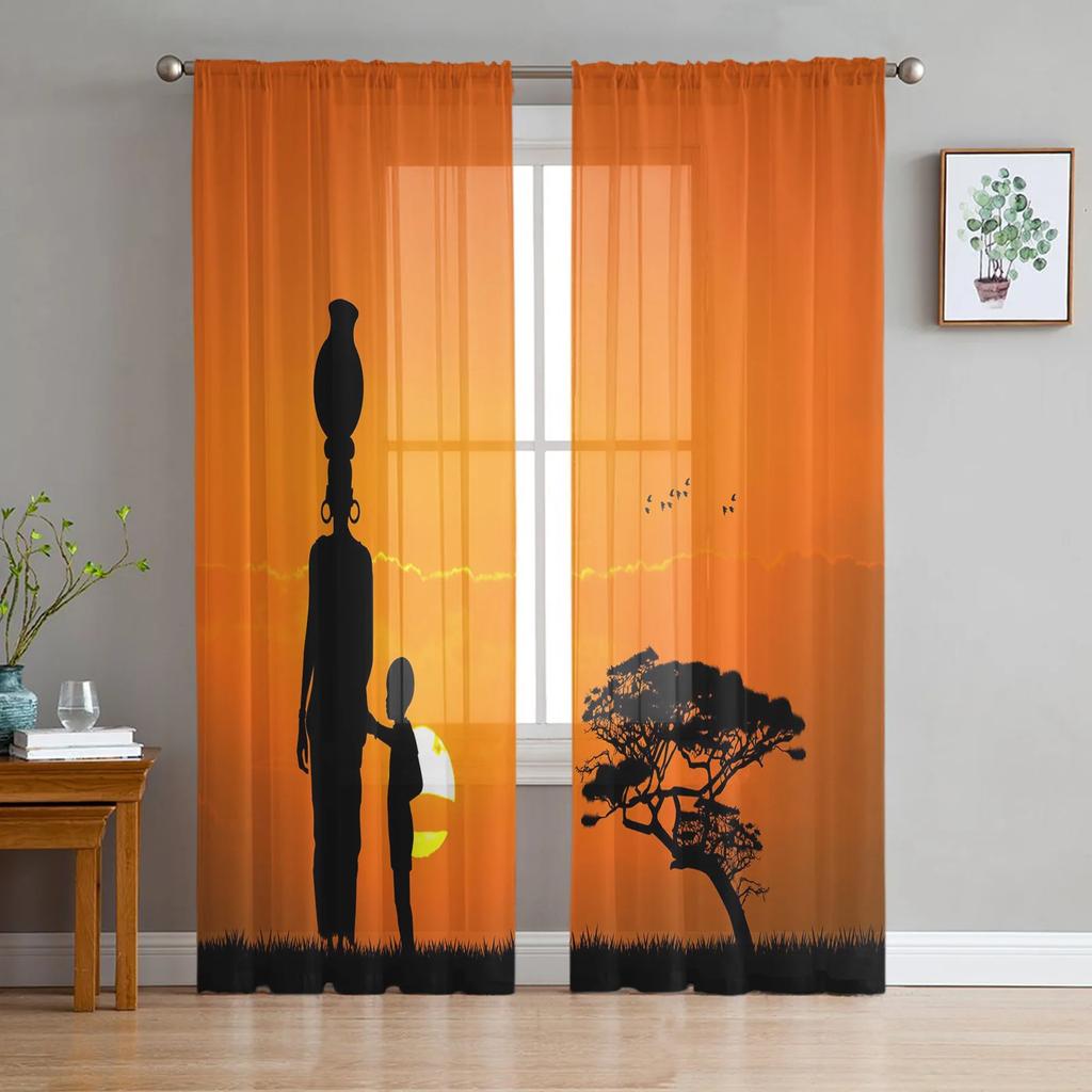 Sunset African Woman Child Tree Silhouettes Tulle Sheer Curtains for Living Room Bedroom Window Curtain Voile Organza Drapes
