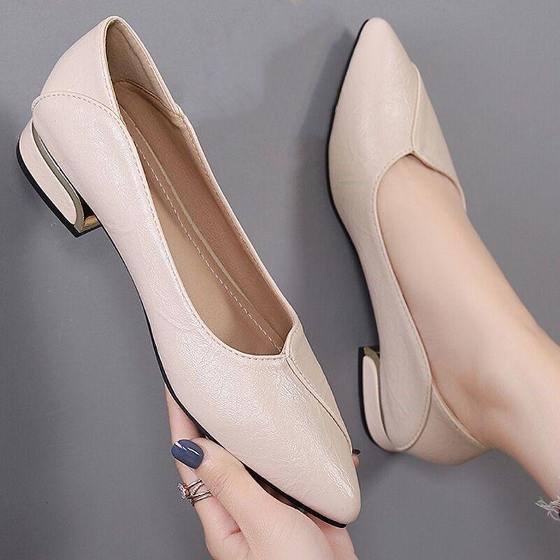 Single Shoe Women's Flat Bottomed Spring Thick Heel Pointed Leather Shoes Women's Work Shoes Lazy Shoes