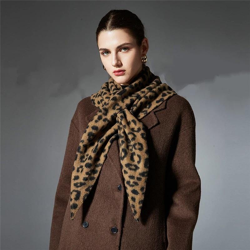 Womens Double Sided Leopard Print Triangle Scarf Soft Warm Shawl Wrap Fashion Neck Scarves For Autumn Winter