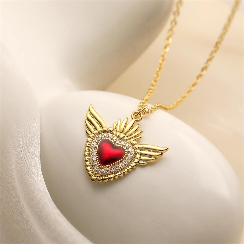 Love Wings Pendant Necklace for Women, European and American INS Fashion Versatile, Copper Plated Real Gold Zircon Drip Oil
