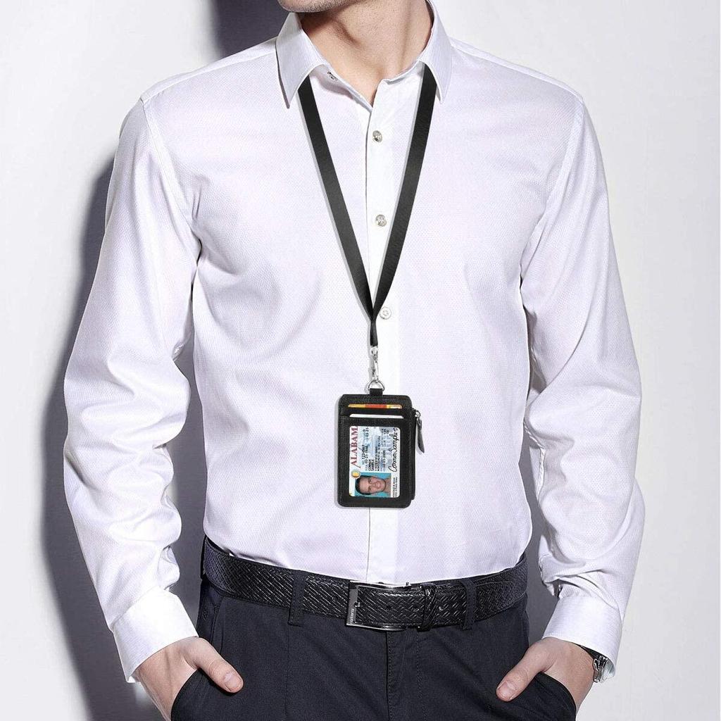 Genuine Leather ID Holder with Zipper RFID Keychain Wallet Neck Lanyards with Swivel Hook for Card/Coin/Cash Black Card Holder