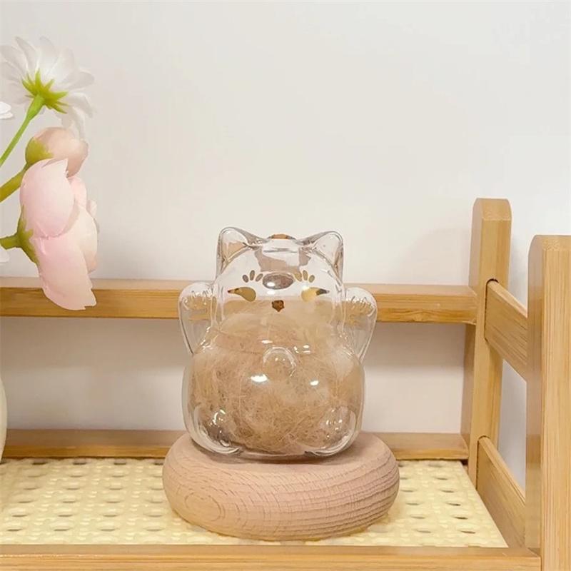 Transparent Cat Fur Keepsake Display, Glass Fortune Cat Bottle With Base, Mini Pet Memorial Storage Jar