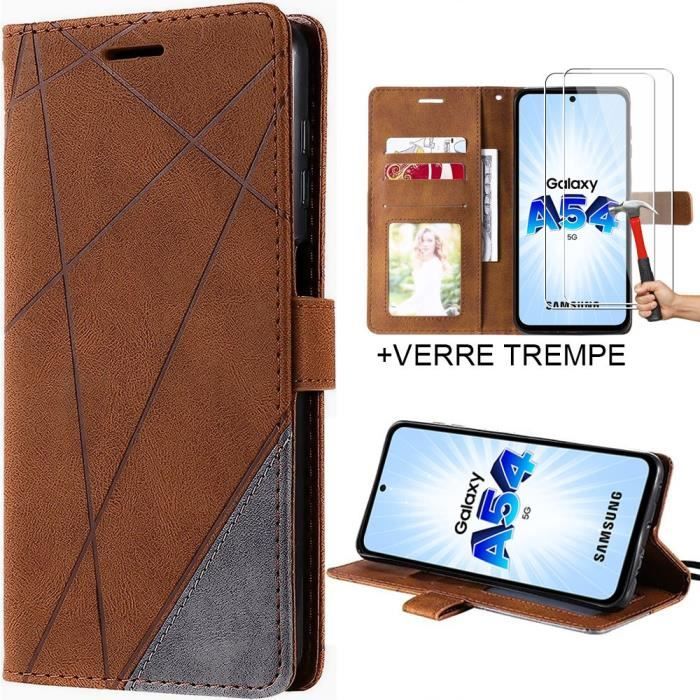 Coque pour Samsung Galaxy A54 5G + 2 Verres Trempés, Protection Effet Cuir Marron Rabat