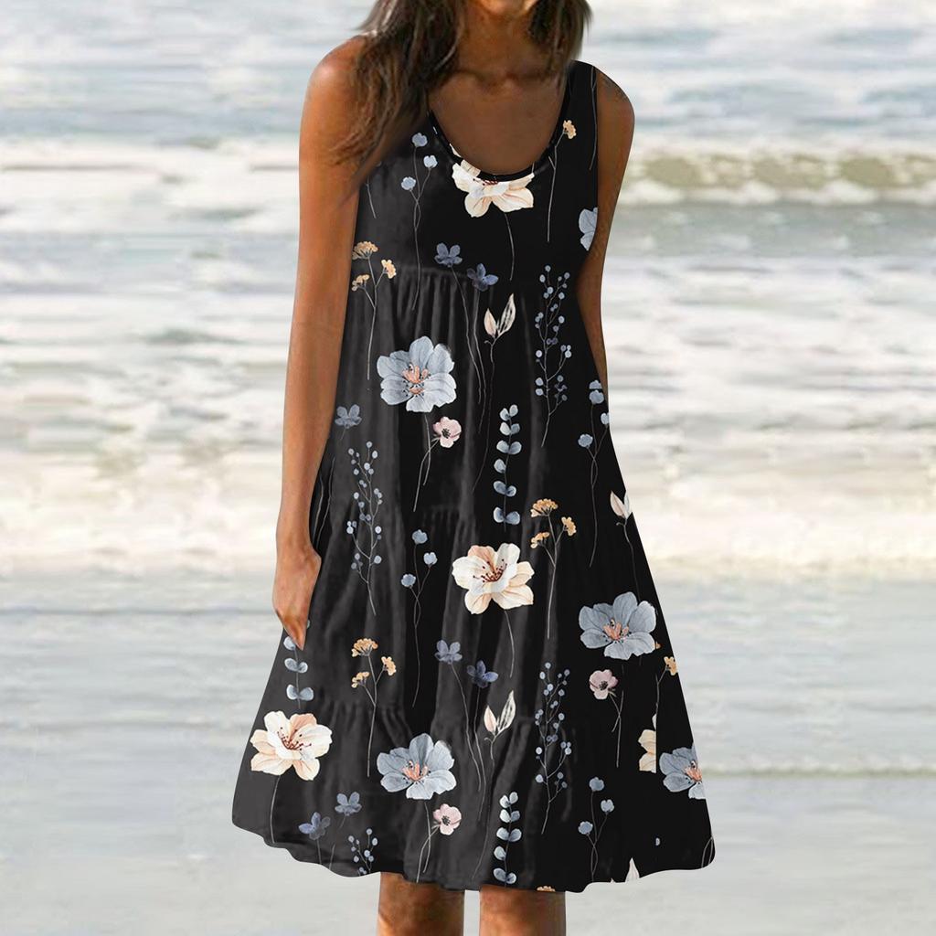 Женские платья-жилеты Лето-весна Плиссированные богемные платья Симпатичные струящиеся пляжные платья без рукавов Прямая футболка Платья-майки Платья с круглым вырезом