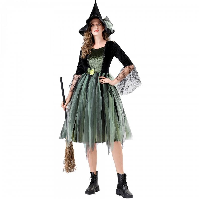 S-XL Womens Vintage Witch Mesh Dress Halloween Cosplay Costume Party Outfit