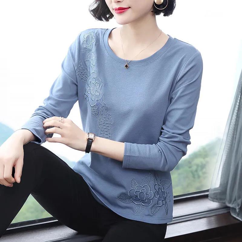 WTEMPO Женские рубашки из смешанного хлопка с круглым вырезом, весна-лето, вышитые, большого размера, однотонные, с длинным рукавом, свободного кроя, повседневные топы