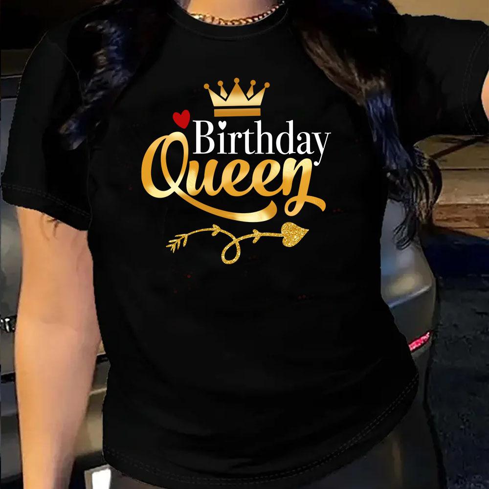 Queen Birthday Pattern Cotton T-Shirt Short Sleeve Round Neck Women 2d Print Tops