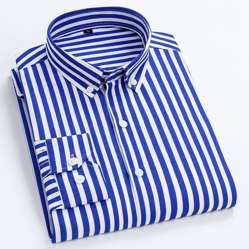 Мужские рубашки в полоску с длинным рукавом в клетку Smart Casual Business Не гладить Корейский приталенный крой Официальная сине-белая