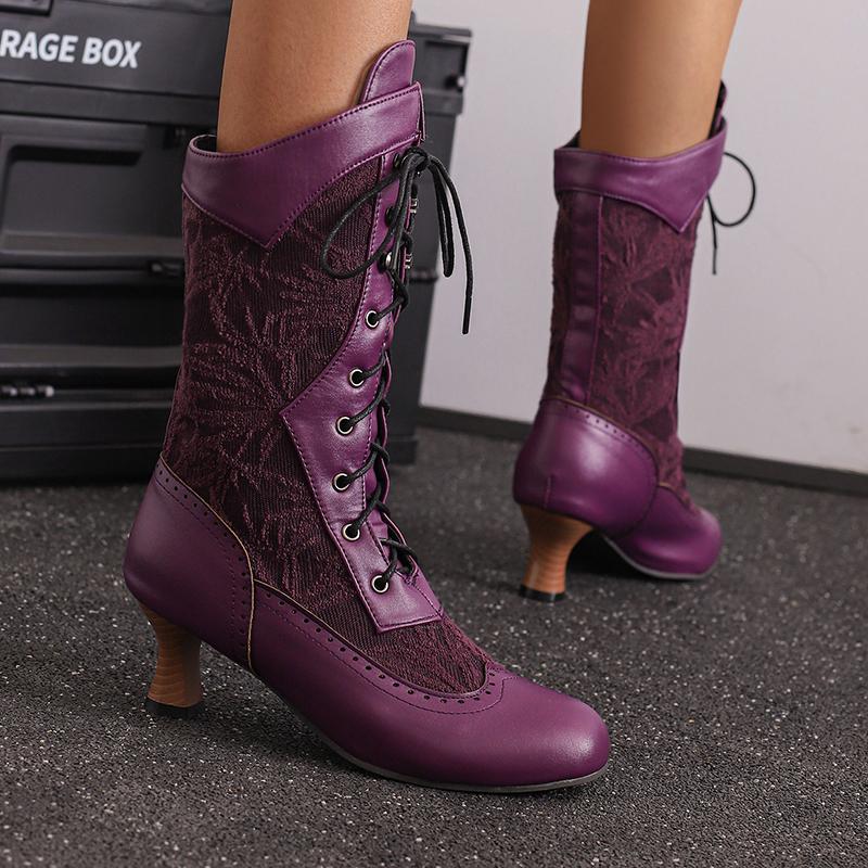 Женский костюм Косплей Обувь Ретро Ботинки до середины икры Выгоревшие Каблуки-рюмочки Передняя шнуровка Лоскутные ботинки