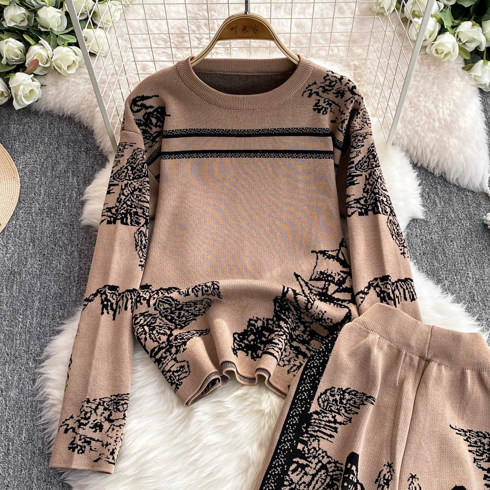 Осенне-зимний элегантный женский комплект одежды для отдыха из 2 предметов, трикотажные брюки, дизайнерский винтажный вязаный свитер с цветочным принтом