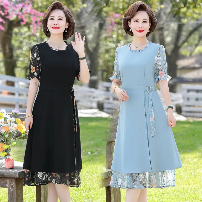 Женское летнее платье больших размеров, шифоновое платье с короткими рукавами, элегантная юбка, прикрывающая живот, для людей среднего и пожилого возраста