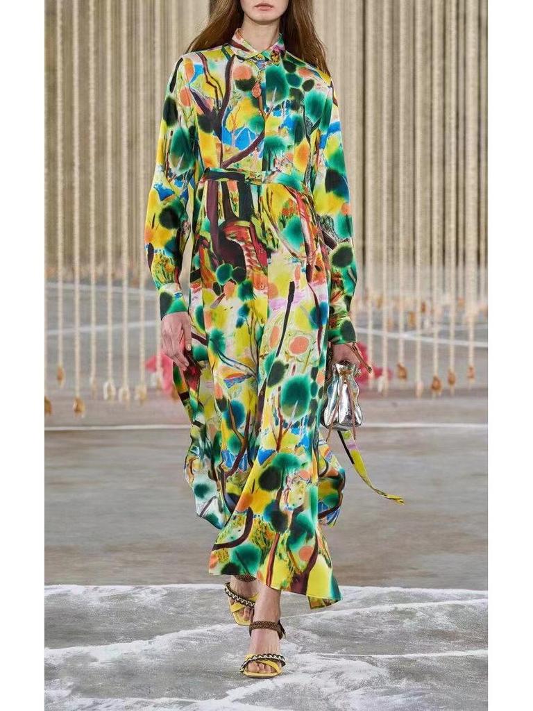 Elegant Long Tie-Waist Dress with Lapel and Lantern Sleeves for Women - Autumn 2023