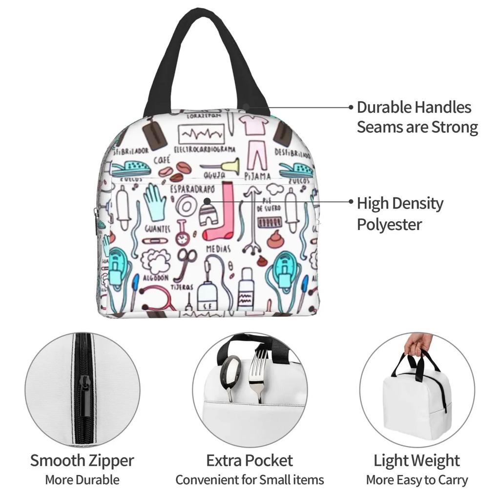 Kawaii Doctors Nurse Print Изолированные сумки для ланча для женщин Небольшие портативные ланч-боксы Сумки-тоуты для еды Сумка для бенто