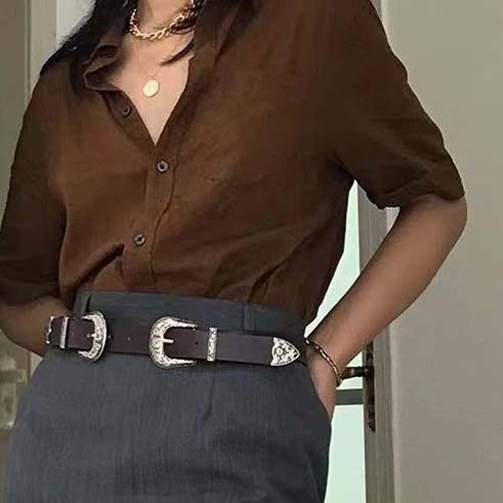 Cool Carved Buckle Belt American Style PU Vintage Waistband Fashion Double Buckle Waist Belt Party