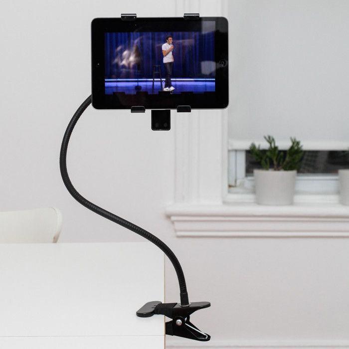 Flexible Tablet Holder - Black - Adjustable Support 13-20 Cm - Flexible Arm - Metal Clamp - Protective Foam
