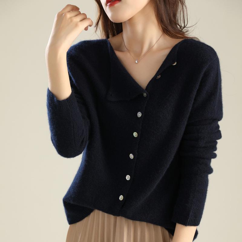 Spring and Autumn New Knitted Sweater Single-breasted Cardigan Women's Low Round Neck Thin Knitted Outer Cover
