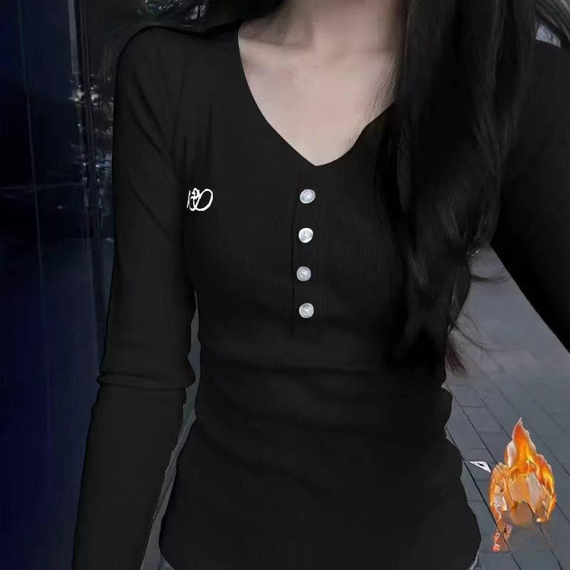 Женская базовая рубашка с вышивкой и пуговицами спереди, новый весенне-осенний стиль, с длинным рукавом, облегающая, с V-образным вырезом