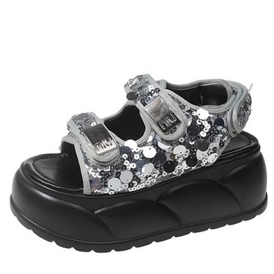 Модные летние женские спортивные сандалии 7 см с пайетками, модные женские туфли на толстой подошве, повседневные пляжные сандалии для женщин