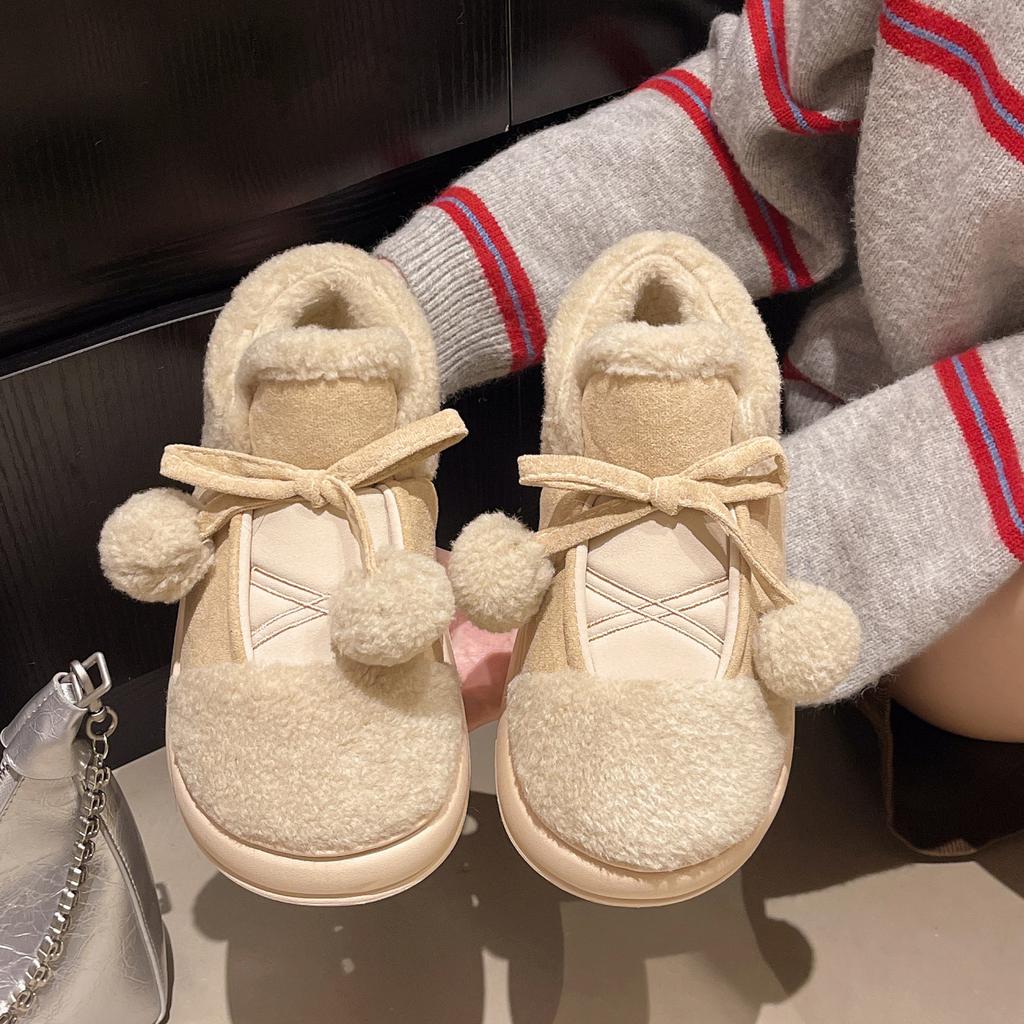 Милые мультяшные помпоны зимние женские новые зимние теплые ботинки на толстой подошве, утепленные хлопковые домашние тапочки