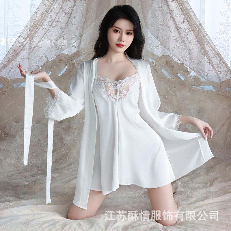 Crispy new spring and summer comfortable pajamas backless sweet embroidered lace suspender pajamas women's cardigan loungewear set