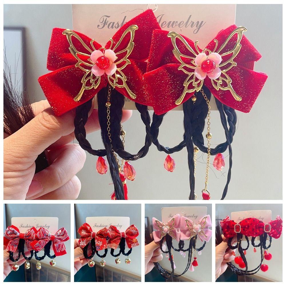 2 шт. Кисточка Детская заколка для волос Китайский стиль Парик Коса Заколка Сладкий Красный Бант Заколка для волос
