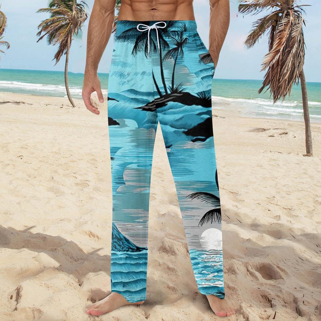 Мужские мягкие домашние пижамные штаны с гавайским принтом, повседневные спортивные штаны с завязками