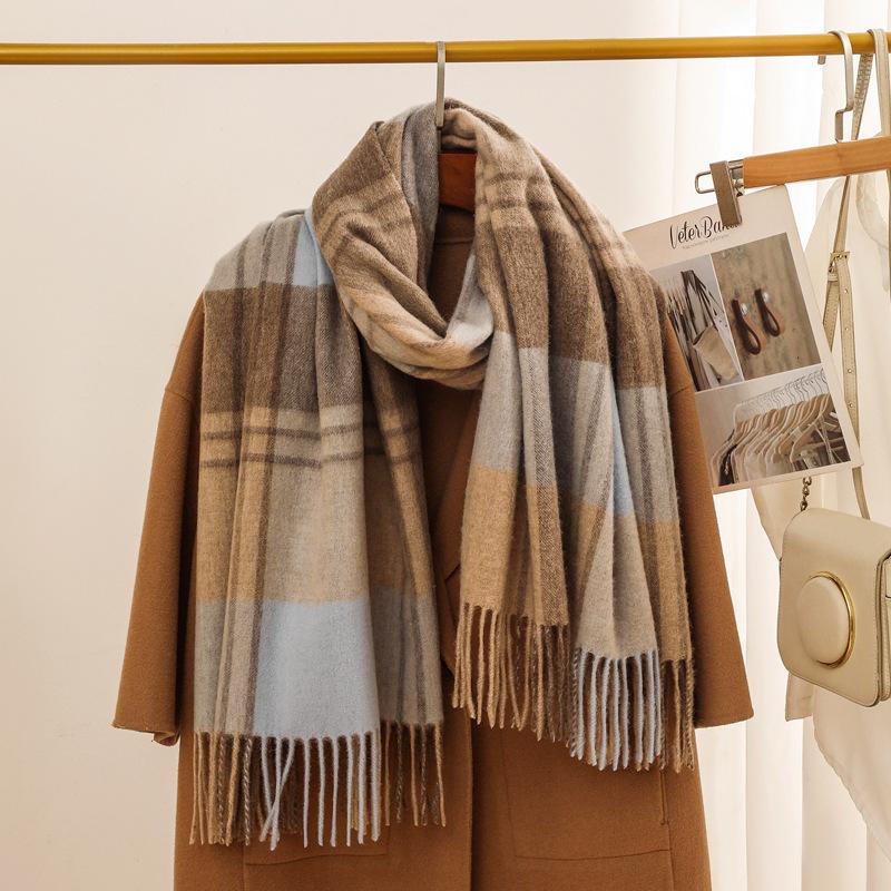 Autumn and Winter New 100 Wool Scarf Women's Light Luxury High-end Plaid Shawl Versatile Enlarged Thickened Warm Scarf