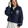 Retro fashion phoenix design sense printing autumn and winter thickened lapel half zipper navy blue sweater