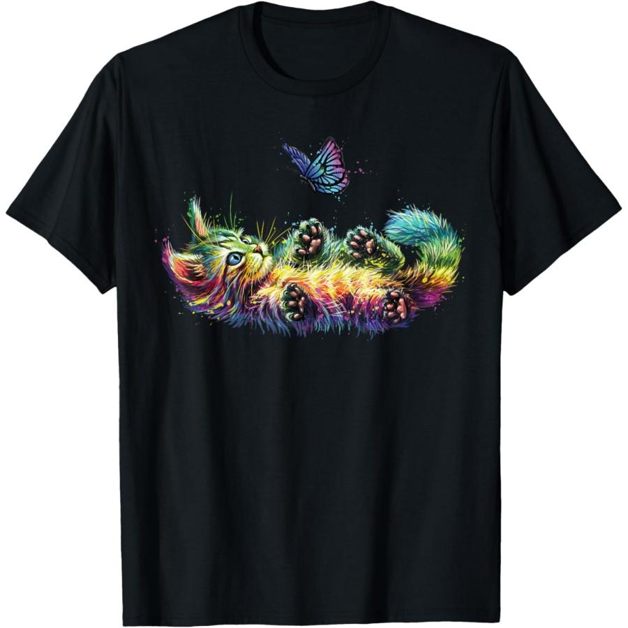 colorful cute cat playing butterfly art lovers kitten Kitty T-Shirt