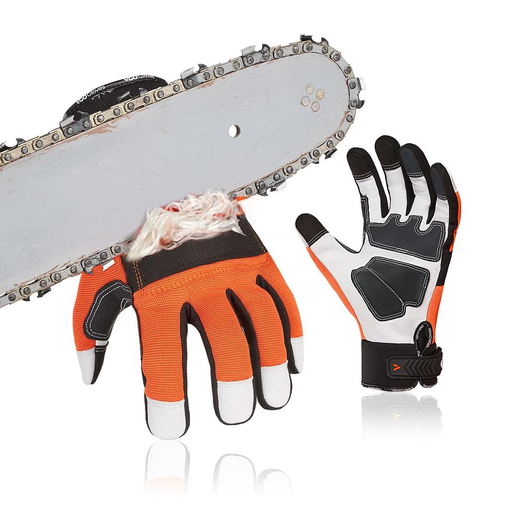 Chainsaw Mechanic Work Sheepskin Leather with Palm Vibration Blade Chainsaw Protector Cloth On the Back of the Left Standard Level Mowing Orange
