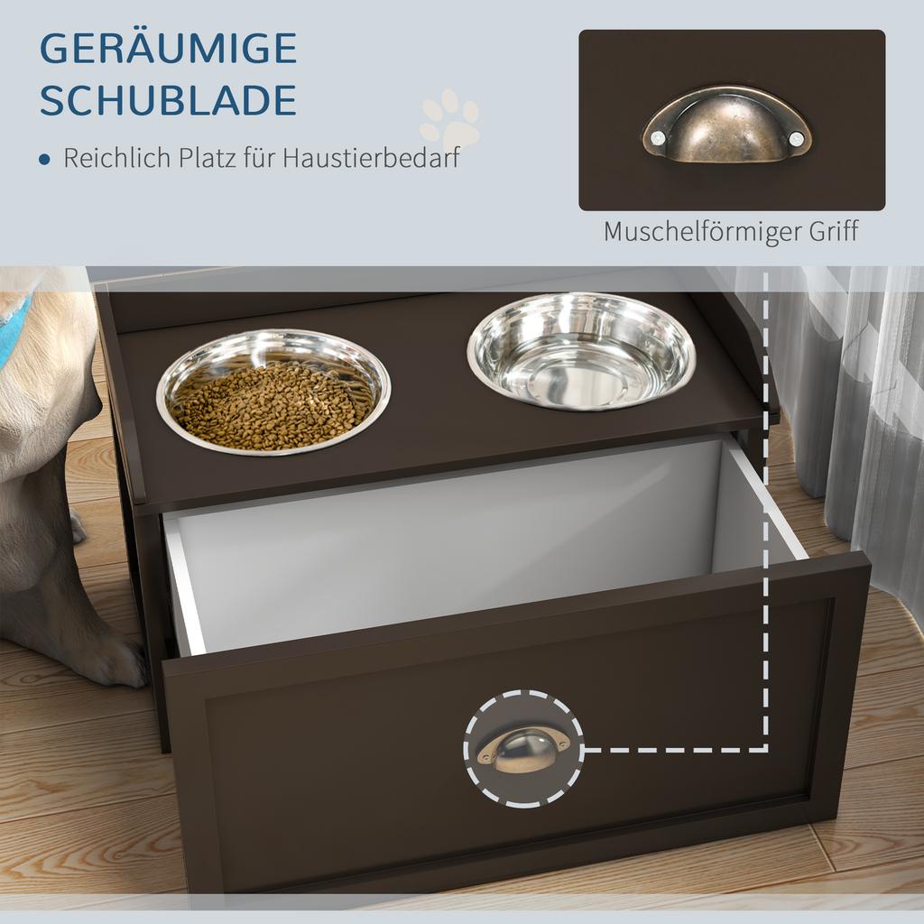 Stainless Steel Raised Dog Bowls, with 21L Storage Drawer for Large Dogs - Brown