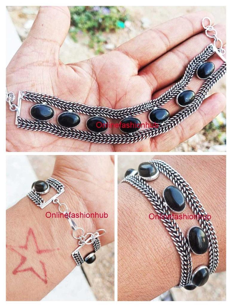 Браслет-цепочка из оксидированного серебра 925 пробы с черным ониксом CBb-b194