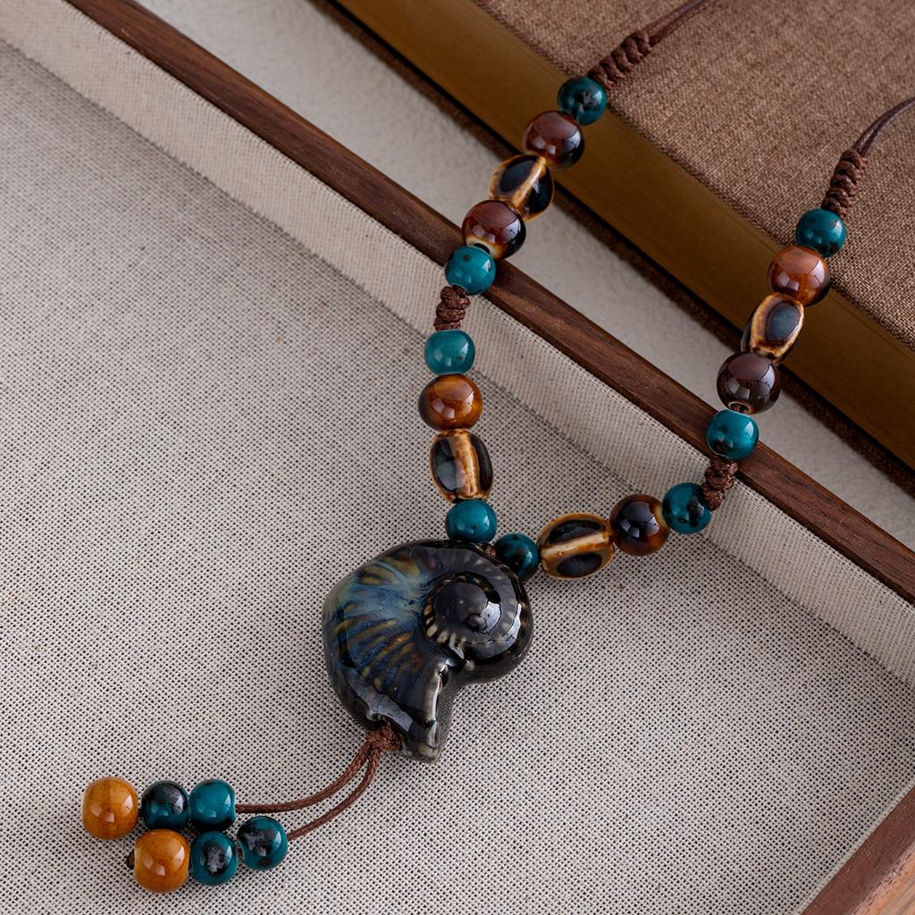 Винтажная керамическая нить бусин Ракушка Подвеска Ожерелье Женское Богемный Экзотический Этнический Стиль Плетеное Путешествия Украшения