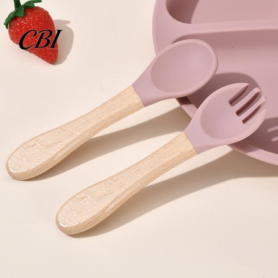 Toddler Self Feeding Tableware Baby Led Weaning Spoon And Fork Set, Soft Silicone Utensils Portable Kit for Travel with Wooden Handles, Self-Feeding