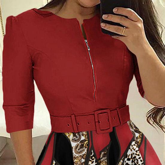 Ladies Dress Zipper Decor Belted Tight Waist Color Matching Print Round Neck Pockets Three Quarter Sleeve A-line Loose Hem Spring Fall Mini Dress