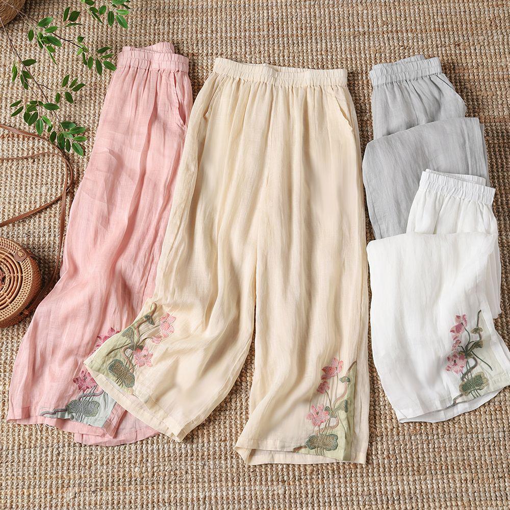 Женские ретро хлопково-льняные широкие брюки с вышивкой 2024 - Летние легкие повседневные брюки длиной до щиколотки.