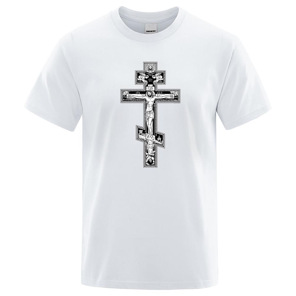 Gothic Dark Style Orthodox Cross Jesus Little Angel Male Clothing Fashion Cotton Loose Tshirt Pattern Summer Clothes