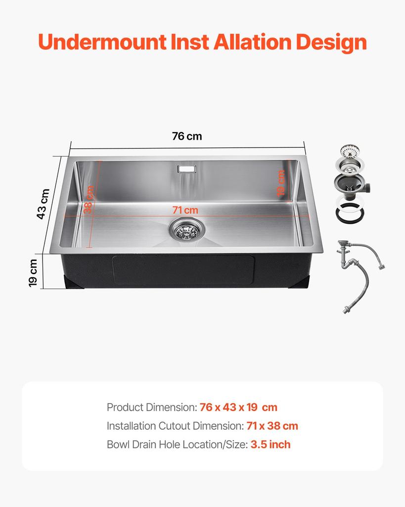 VEVOR 76cm Kitchen Sink Workstation, 304 Stainless Steel Undermount Sinks, Drop-In Single Bowl Farmhouse Basin with Accessories