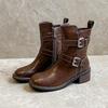 Retro Short Boots Knight Boots Women's Shoes New Versatile Spring Autumn Belt Buckle Round Toe Thick Soled Boots Ladies Shoes