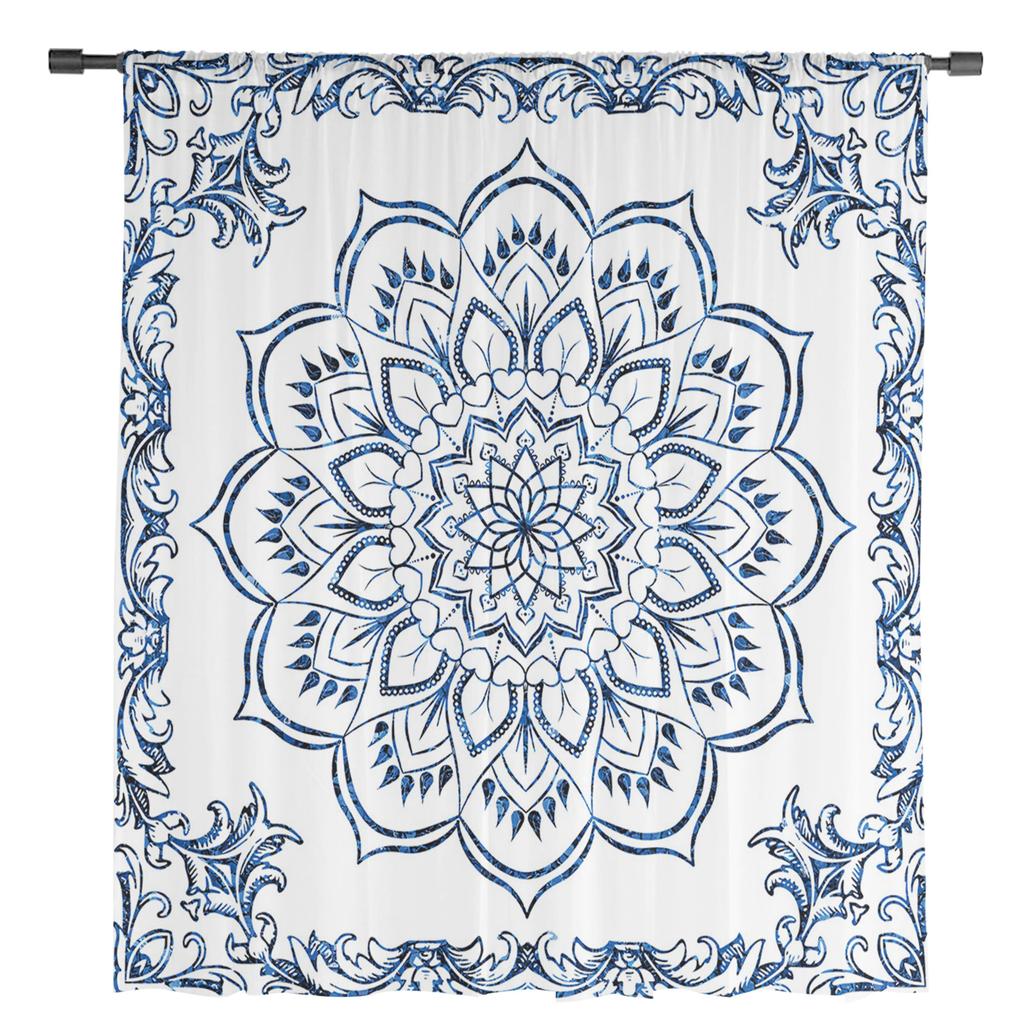 Мандала Ретро Синие Бохо Прозрачные Шторы для Украшения Гостиной Оконные Шторы Для Кухни Тюль Вуаль Органза Шторы
