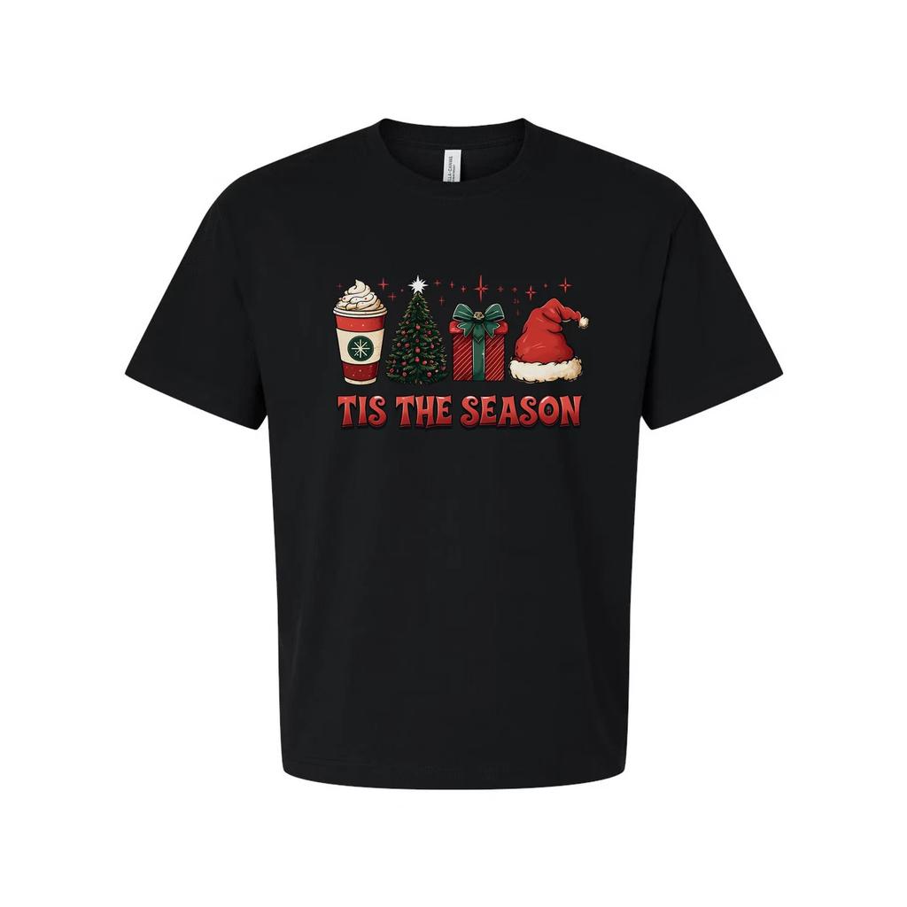 Unisex Christmas T Shirt With Festive Graphics Tis The Season Santa Hat Gift Box