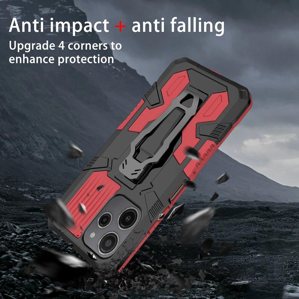 KEYSION Противоударный защитный чехол для Redmi 12 4G 12 5G 12C, силиконовый + ПК, металлическая подставка, задняя крышка с зажимом для телефона для Xiaomi POCO M6 Pro 5G
