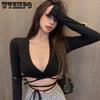 WTEMPO Spring Fall Ins Sexy Long Sleeve Shirts Women V-Neck Off Waist Strap Short Slim Tops Solid Color Casual Party Club Shirts