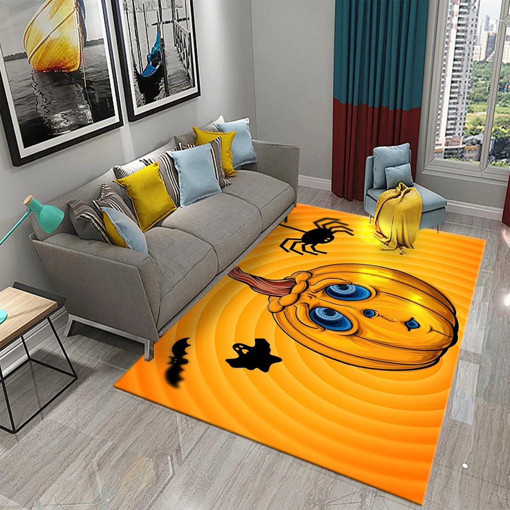 Halloween Theme Area Rug With Cartoon Ghost Pumpkin Bat Haunted House Artistic Patterns Soft Decorative Carpet For Living Room